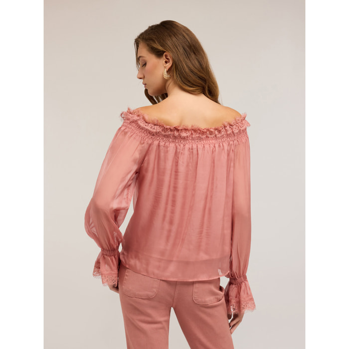 Motivi - Blusa escote bardot de gasa - Rosa