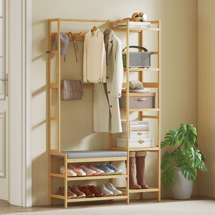 Vestiaire d'entrée style naturel bois bambou 5 + 2 étagères 10 patères barre penderie banc