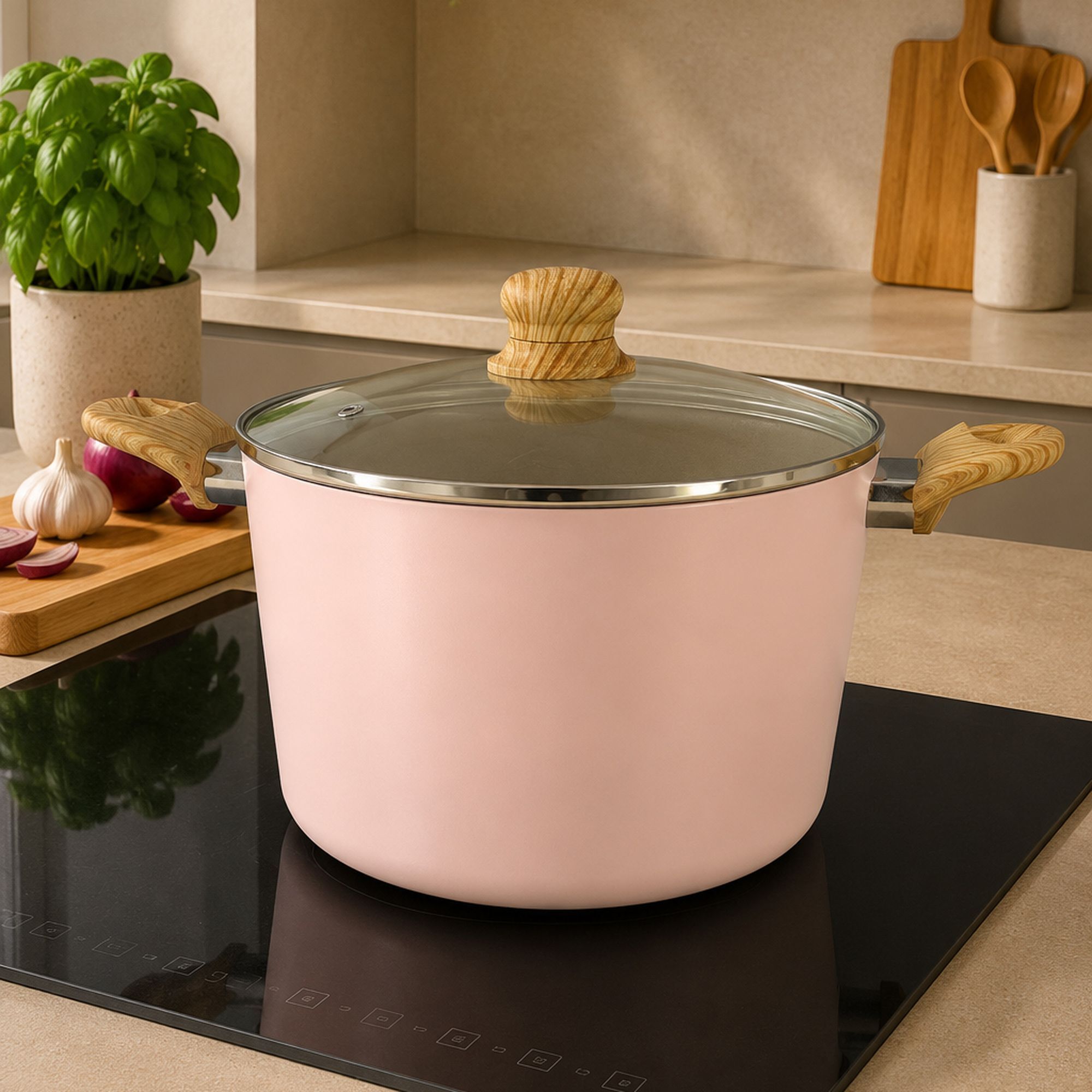 Batterie de cuisine 7 pièces en céramique rose - tous feux COLORAMA
