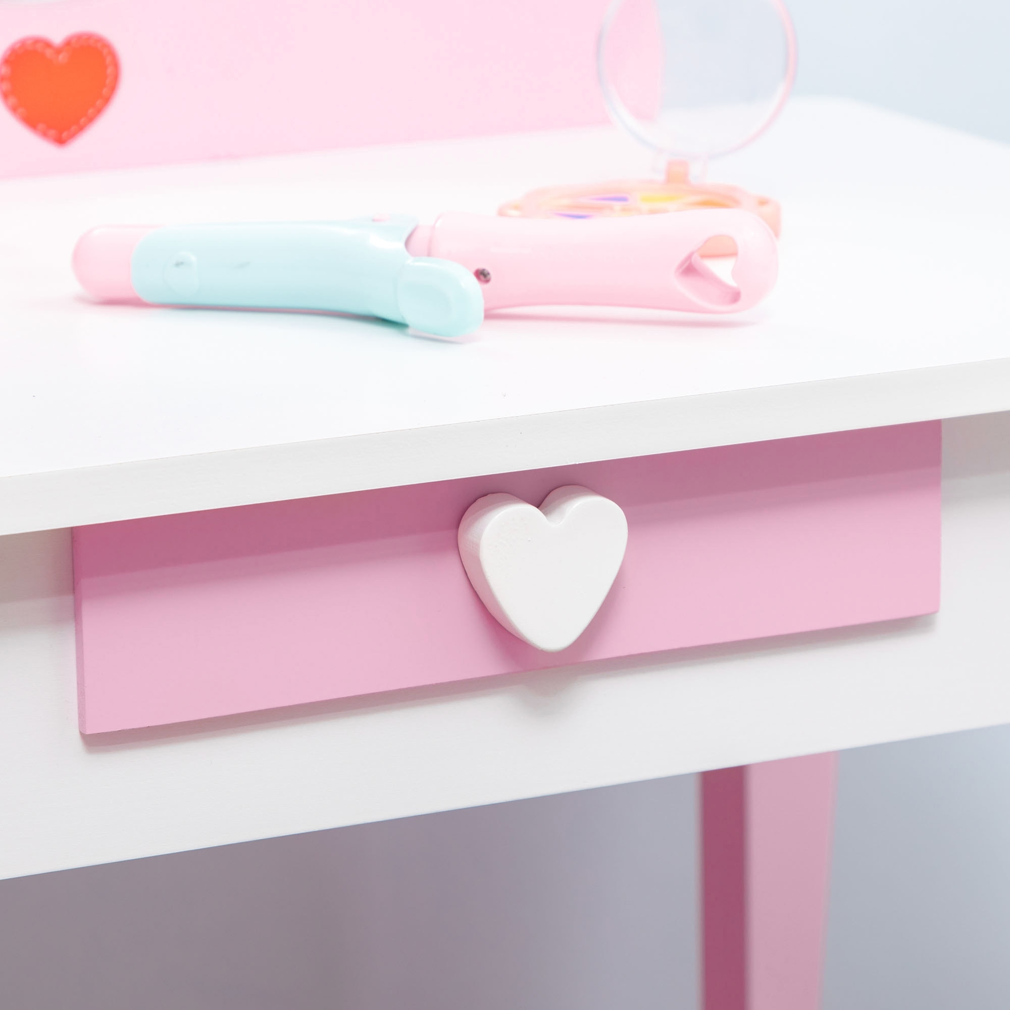 Coiffeuse enfant design girly motif coeur - tiroir, miroir, tabouret inclus - MDF - blanc rose