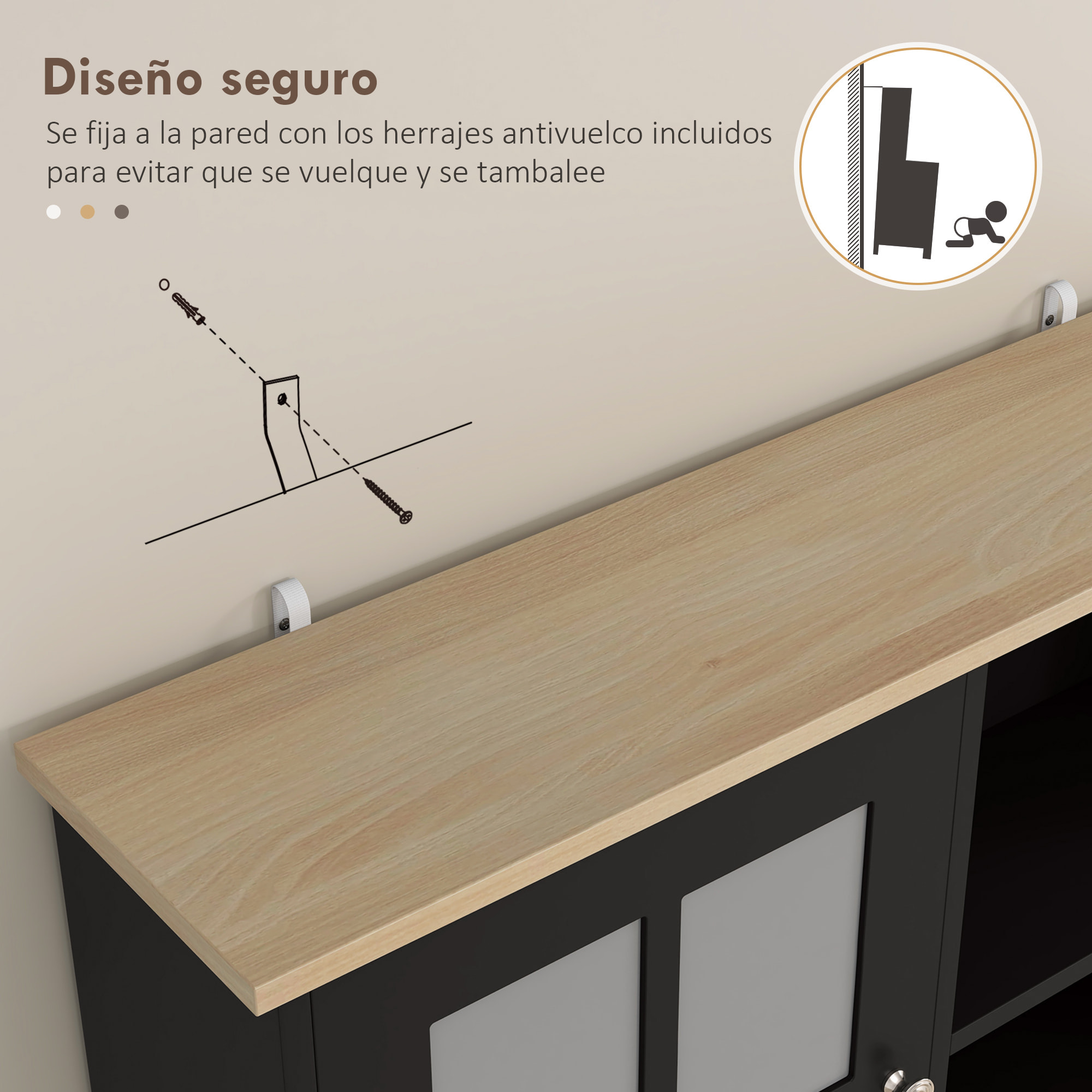 Alacena de Cocina, Mueble Auxiliar de Cocina, con 3 Puertas de Vidrio, Encimera Abierta para Microondas, Estantes Ajustables, Compartimentos Abiertos, 80x37x183 cm, Negro