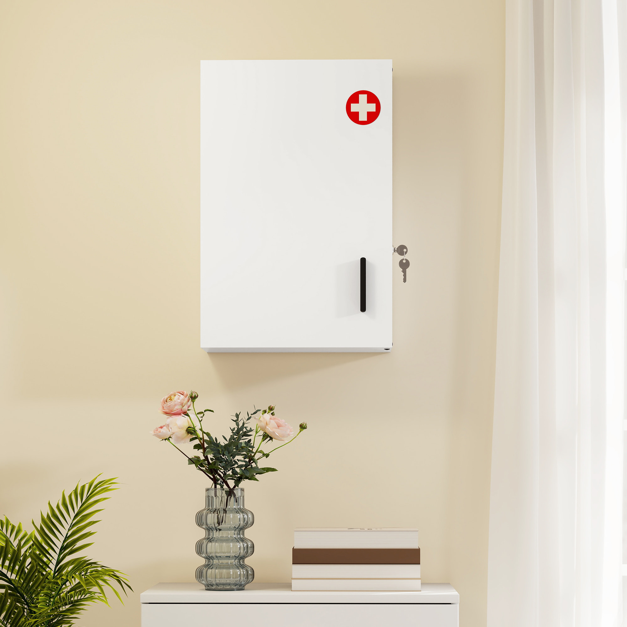 Botiquín de Pared de Primeros Auxilios, Botiquín de Medicinas con 6 Compartimentos, Cerradura y 2 Llaves, para Baño, Cocina, Recibidor, 40x18x60 cm, Blanco