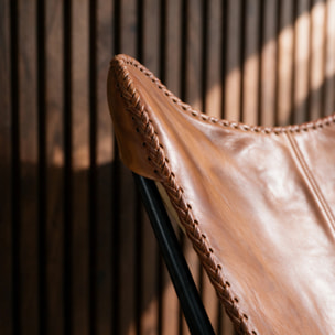 Fauteuil papillon en cuir de buffle marron - Octave