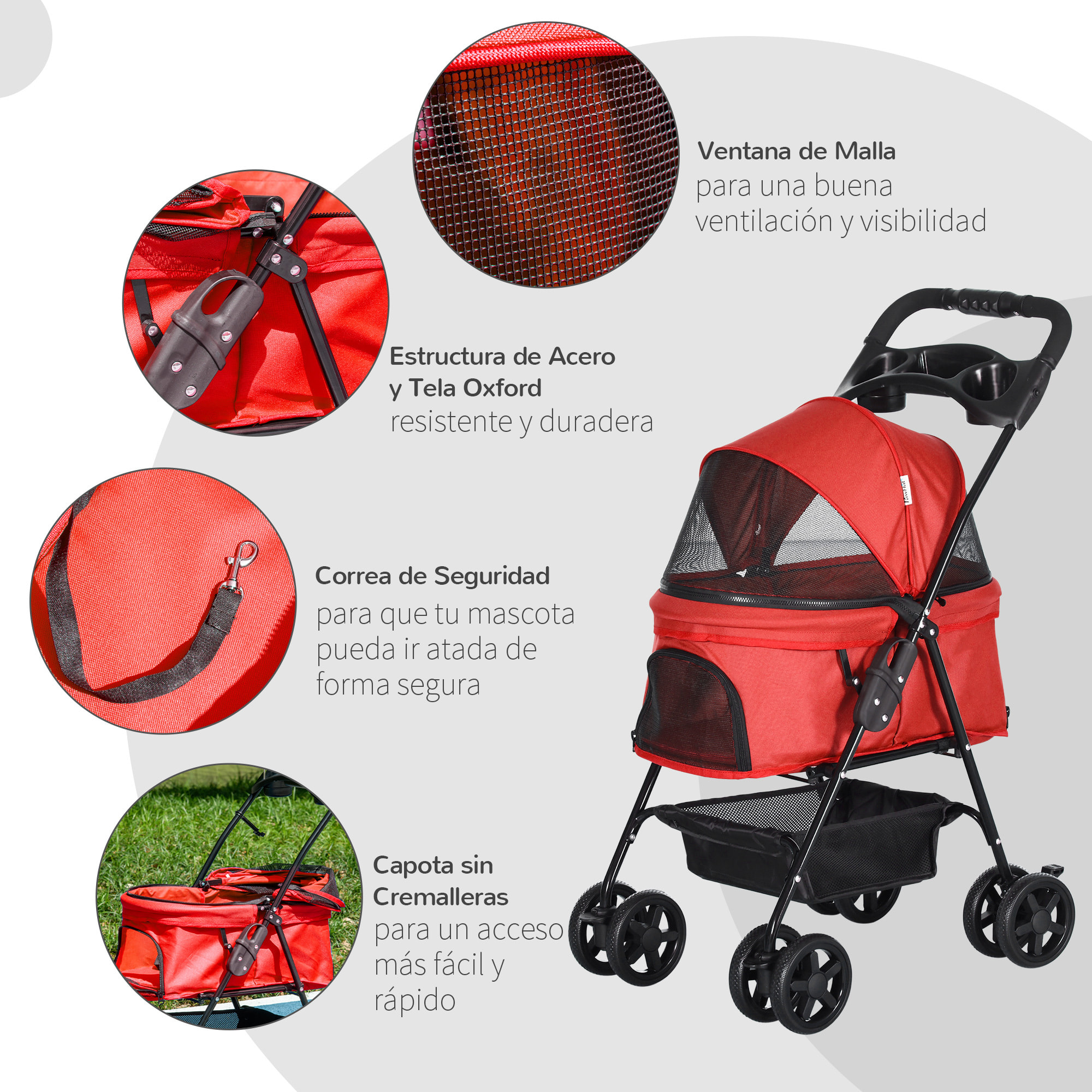 Cochecito para Mascotas Plegable Carrito para Perros Desmontable Acero Tela Oxford Ruedas Giratorias Frenos Ventana para Perros Gatos Pequeñitos 67x45x96 cm Rojo