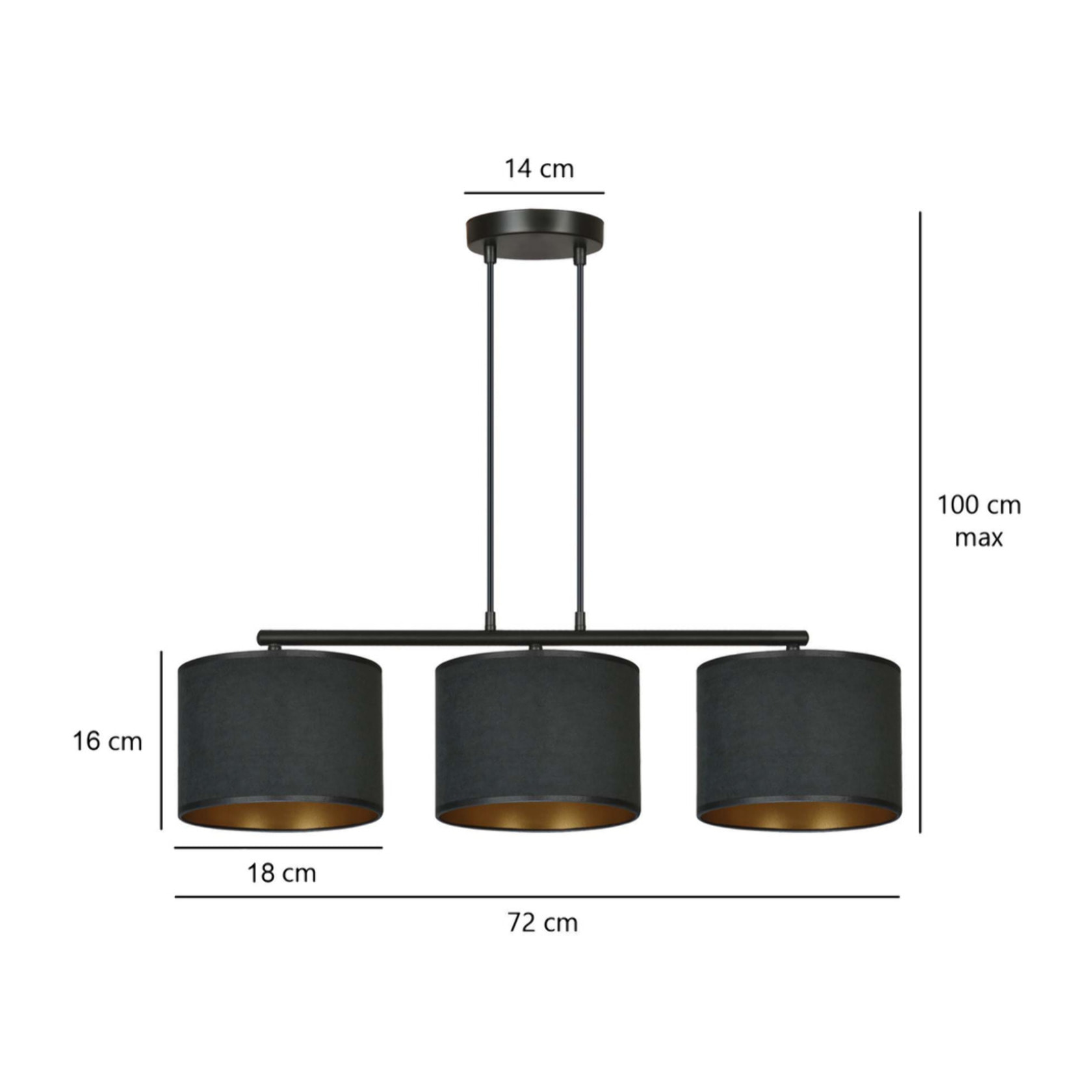 Lampada a sospensione HILDE a tre luci in acciaio e velluto nero