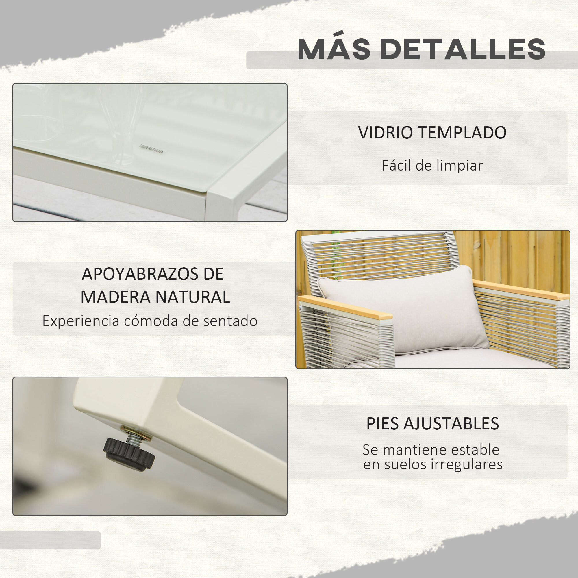 Conjunto de Muebles de Jardín de Ratán 4 Piezas Sofá Doble 2 Sillones Individuales y Mesa de Café de Vidrio con Cojines Desenfundables para Exterior Terraza Gris