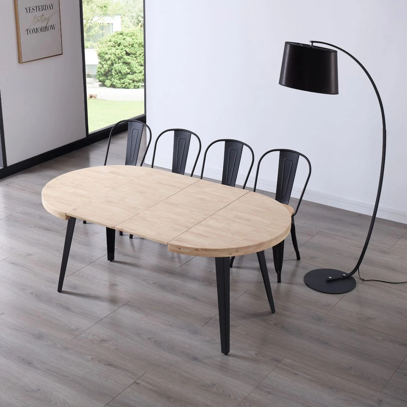 Mesa de comedor redonda extensible en negro y roble 100-180x100 cm Berg Negro - Roble