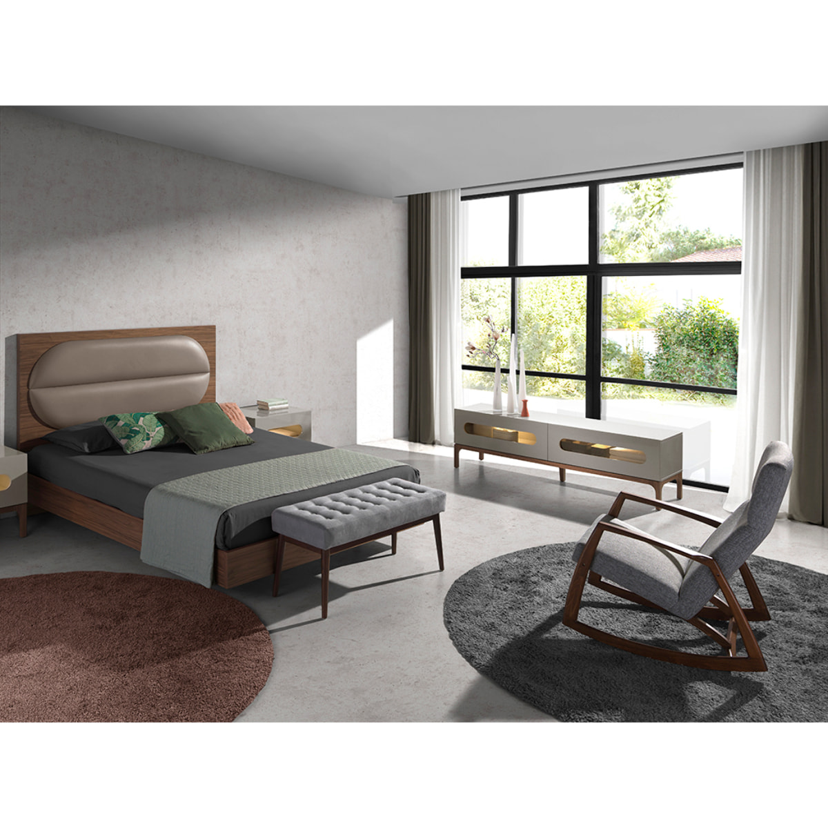 Sillón Angel Cerdá mecedora con reposabrazos tapizado en tela en gris con estructura y patas en madera chapada en nogal natural 68x90x96cm