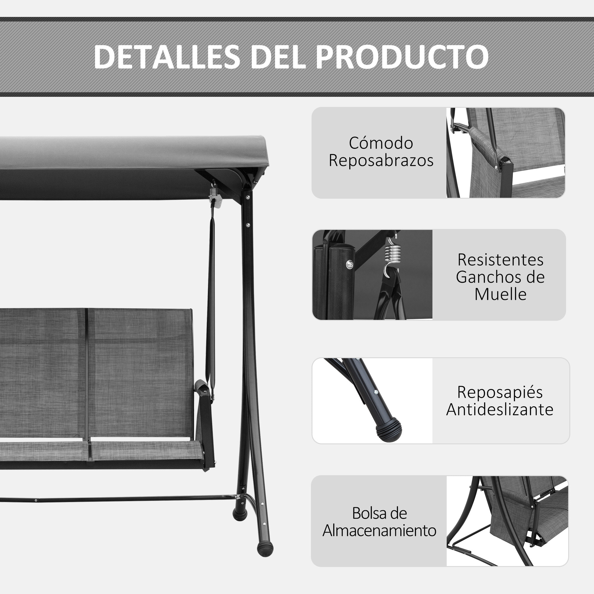 Columpio de Jardín de 3 Plazas Balancín de Jardín Exterior con Toldo Ajustable Bolsillos Laterales y Marco Metálico Carga 300 kg 196x128x172 cm Gris Oscuro