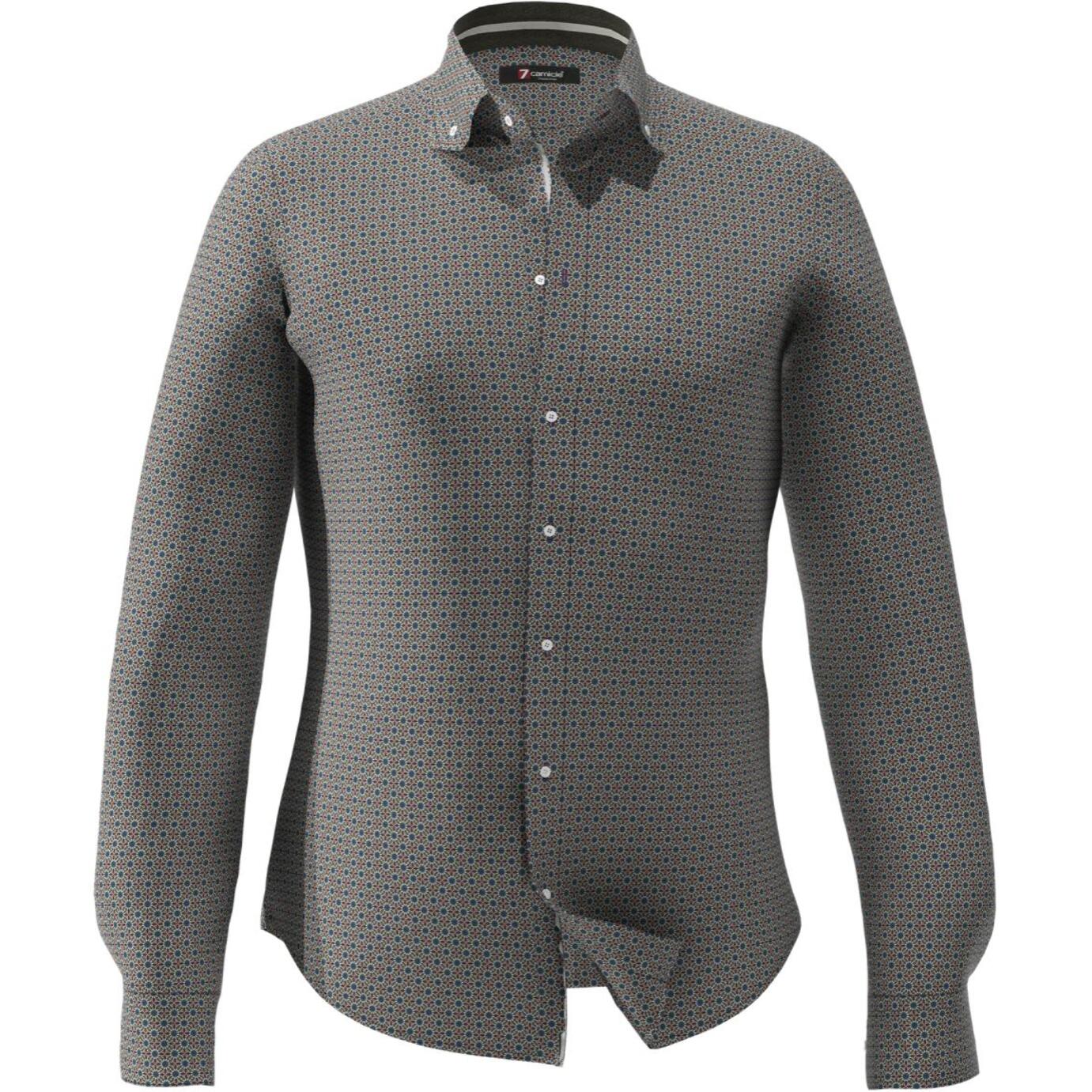 Camicia Uomo 1 Bottoni Button Down Slim Popeline Stampato Marrone Chiaro Verde Ottanio