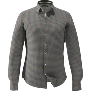 Camicia Uomo 1 Bottoni Button Down Slim Popeline Stampato Marrone Chiaro Verde Ottanio