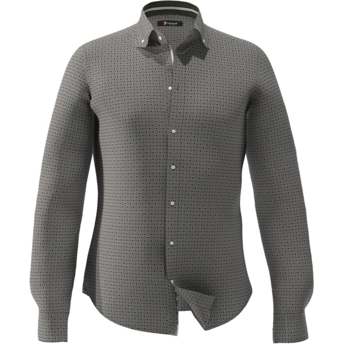 Camicia Uomo 1 Bottoni Button Down Slim Popeline Stampato Marrone Chiaro Verde Ottanio