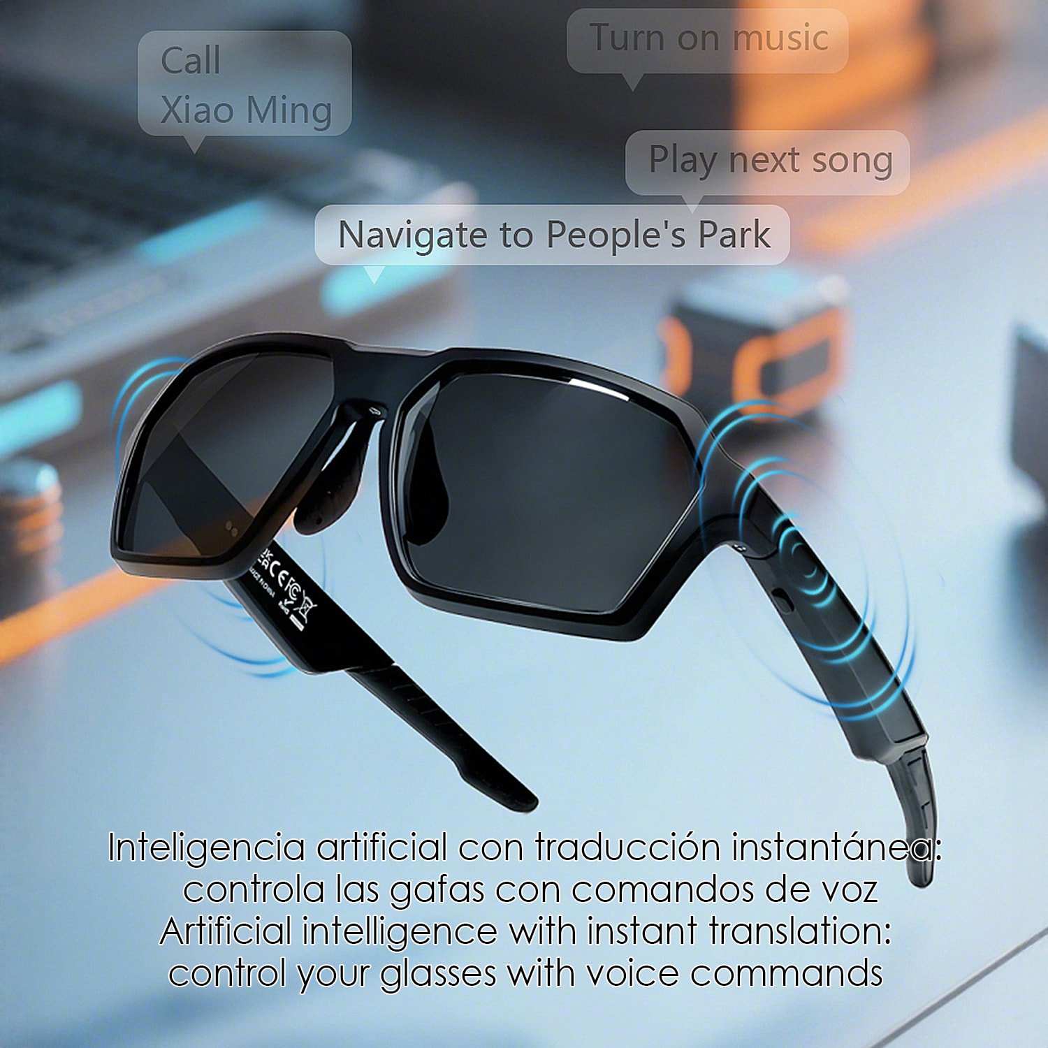 Gafas deportivas inteligentes QY PRO 5. Asistente de voz inteligente, traducción en tiempo real de más de 100 idiomas, control de música/llamadas y lentes UV400.