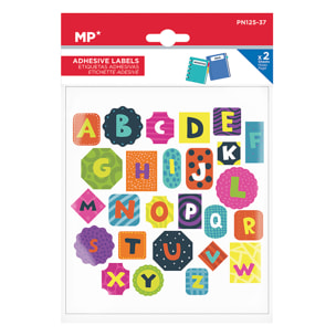 PACK 24 UNITA' ETICHETTE ADESIVE PERSONALIZZABILI DECORATE DESIGN ALFABETICO CON FORME (SET 2 UDS)