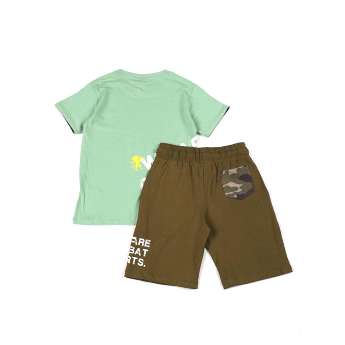 Set completo da bambino in cotone con t-shirt e pantaloncini Leone Camou