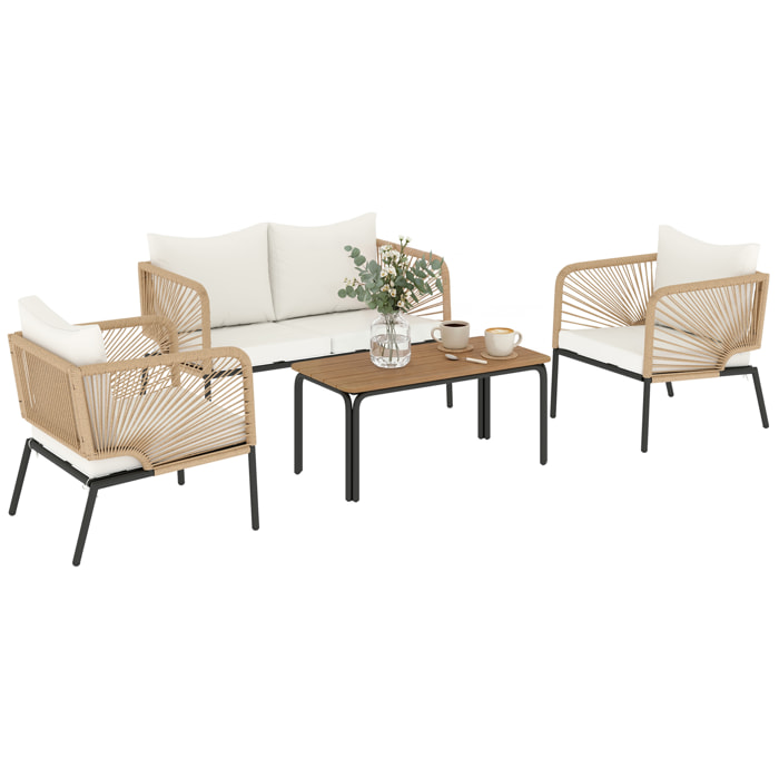 Conjunto Jardín Exterior de 4 Piezas, Muebles Jardín Exterior con Sofá de 2 Plazas, 2 Sillones, Mesa de WPC, Ratán PE Tipo Cuerda, Cojines Acolchados y Marco de Metal para Terraza, Blanco
