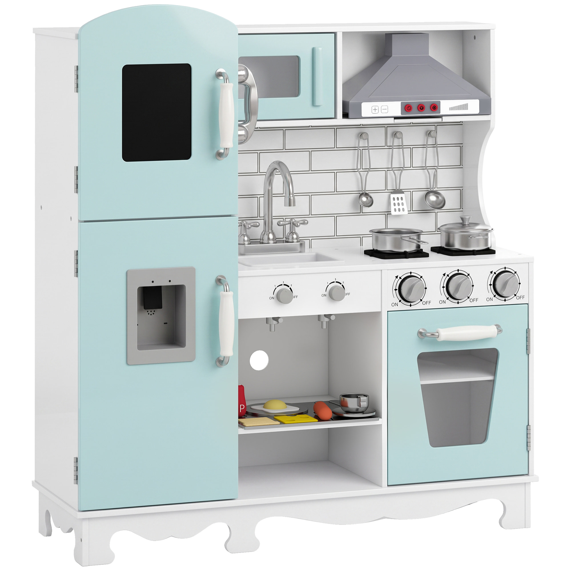 AIYAPLAY Cocina de Juguete de Madera con Luces y Sonidos. Cocinita Infantil con Campana Extractora, Dispensador de Agua, Cafetera, Nevera, Horno, Fregadero, Accesorios, 3-6 Años Verde Azulado