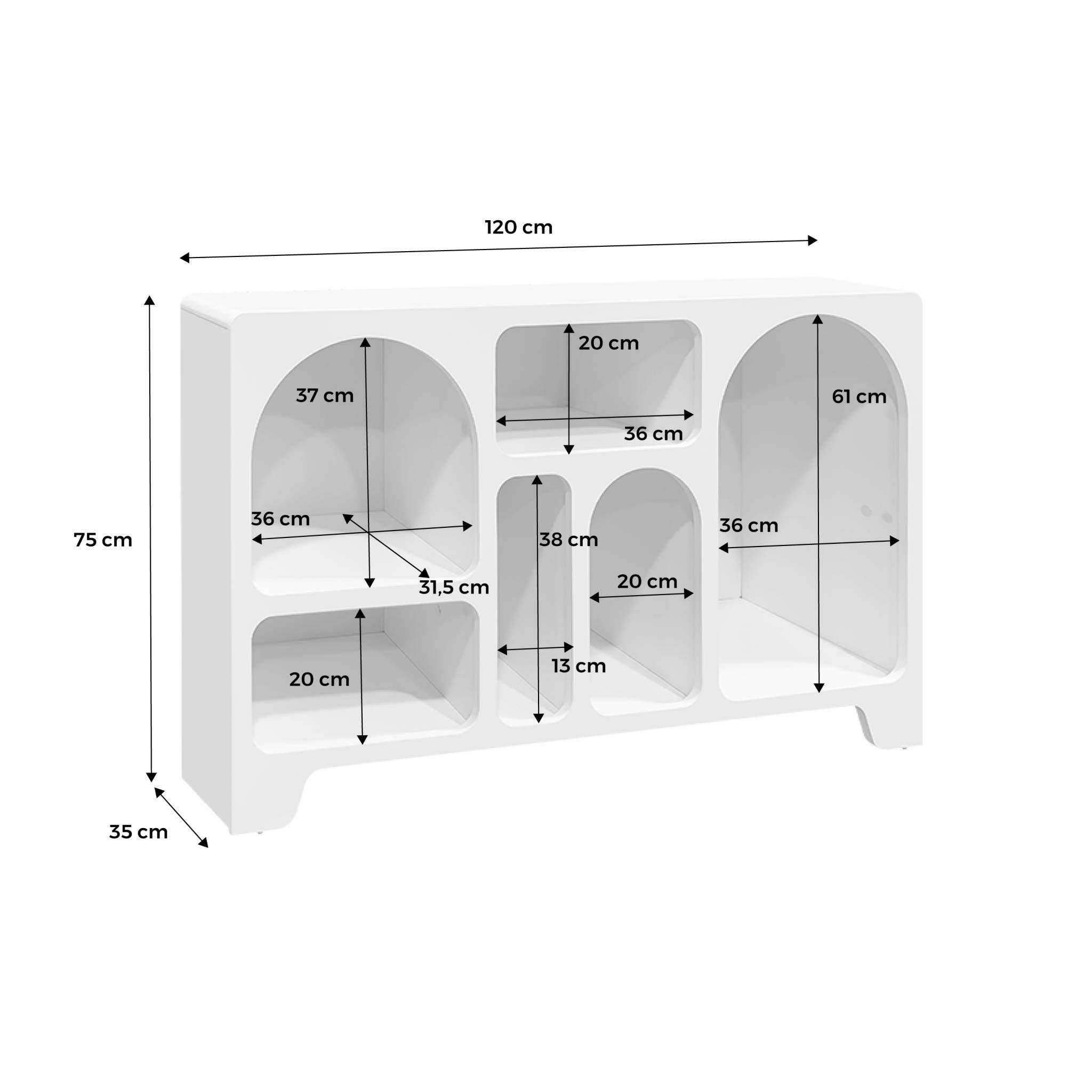 Buffet organique plusieurs niches 6 compartiments. buffet bas. effet bois blanc 120cm