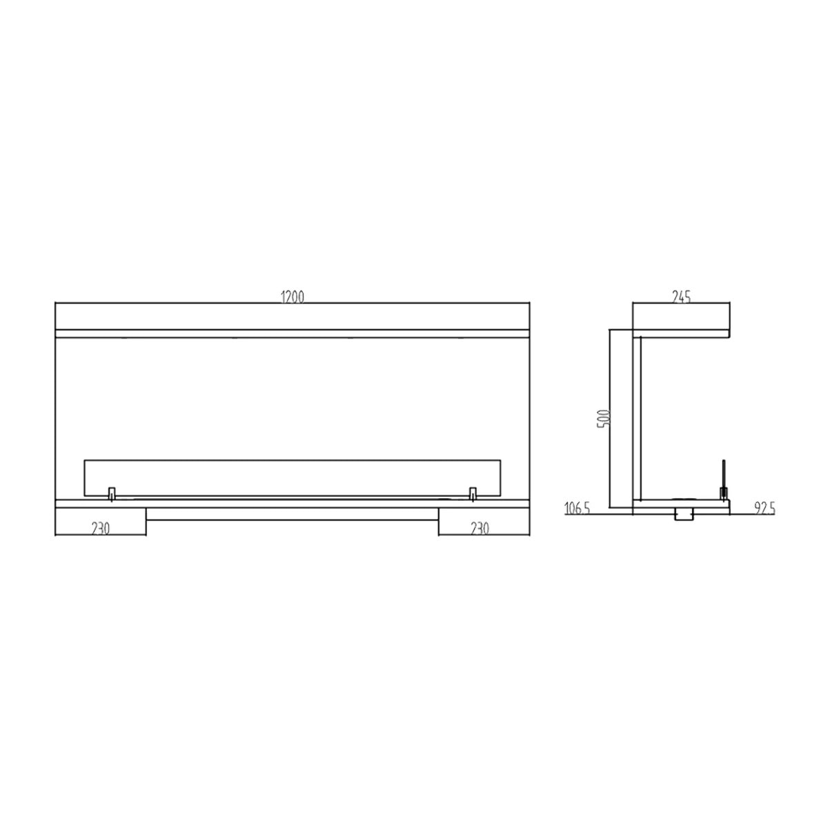 Trevi 120 - Camino a Bioetanolo da Incasso Trifacciale 120x45x24,5 cm con Bruciatore 1,25lt in Acciaio