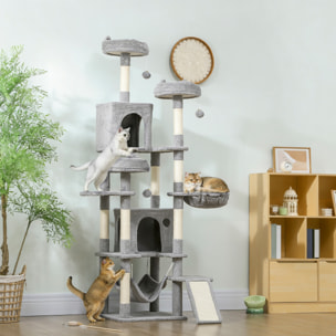 Arbre à chat design XXL gris clair multi-activités - zones de repos, griffoirs, grattoir - H.192 cm