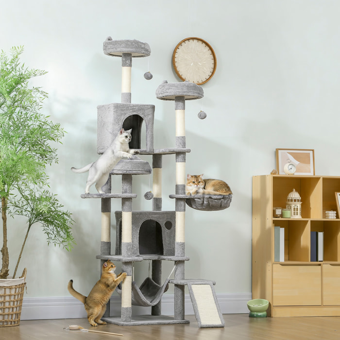 Arbre à chat design XXL gris clair multi-activités - zones de repos, griffoirs, grattoir - H.192 cm