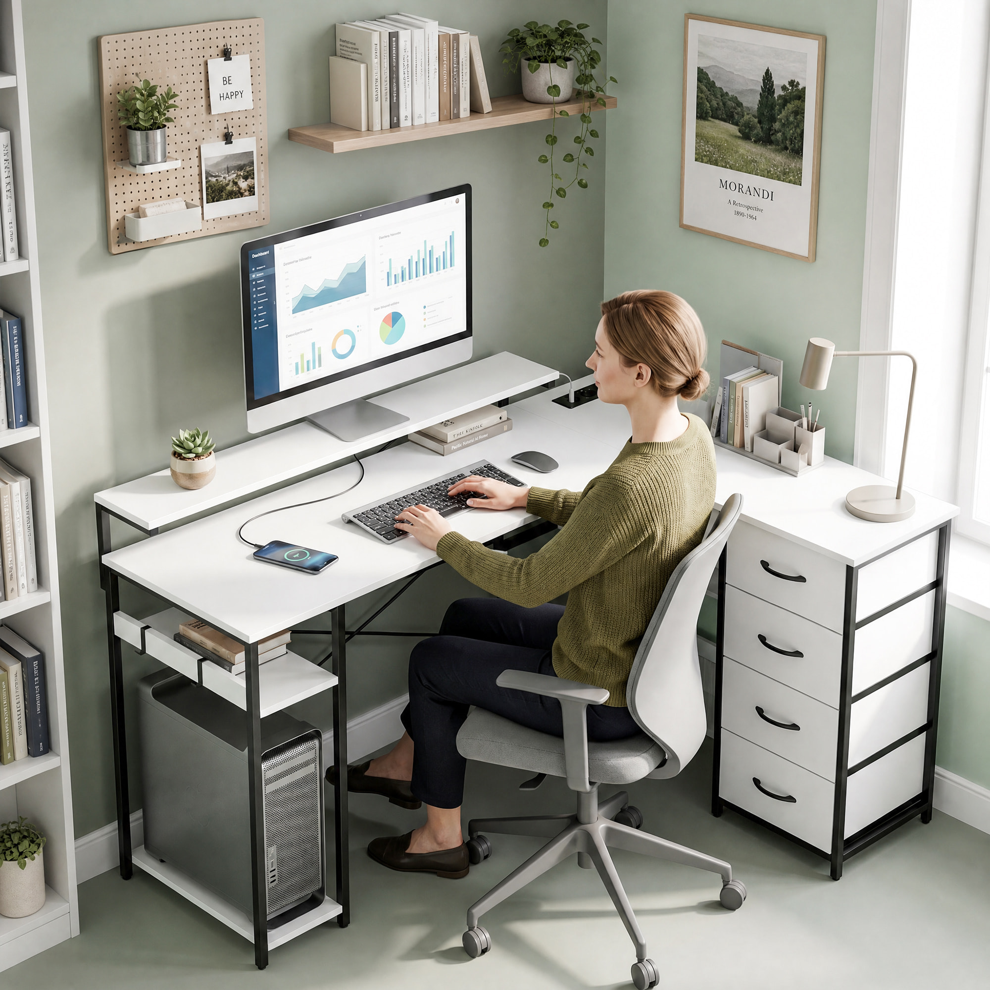 Escritorio Esquinero con 4 Cajones de Tela, 155x112 cm, Escritorio en L Reversible con 2 Enchufes y 2 Puertos USB, Soporte para Monitor, 2 Ganchos, para Oficina en Casa, Estudio, Blanco