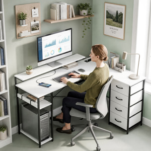 Escritorio Esquinero con 4 Cajones de Tela, 155x112 cm, Escritorio en L Reversible con 2 Enchufes y 2 Puertos USB, Soporte para Monitor, 2 Ganchos, para Oficina en Casa, Estudio, Blanco