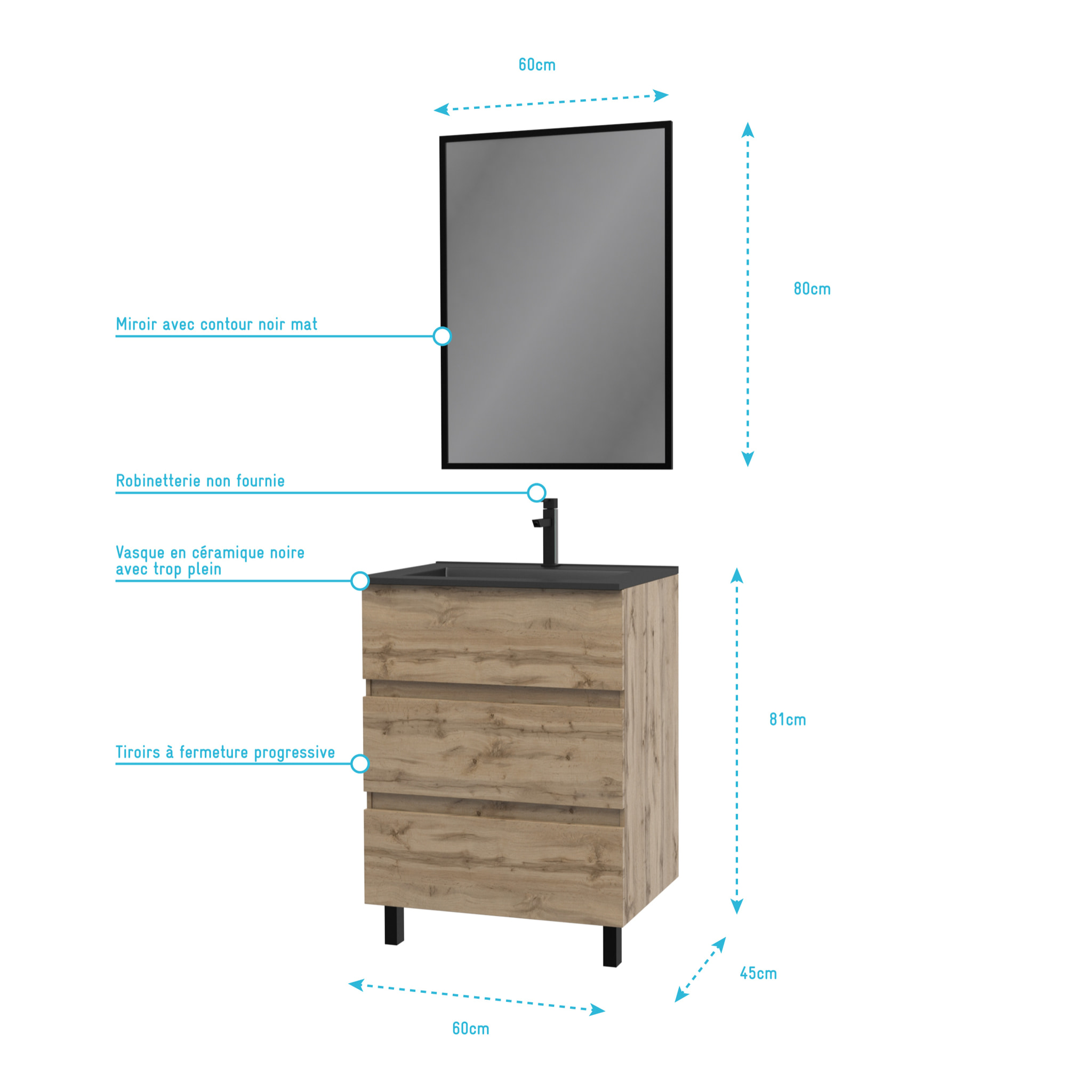 Pack Meuble SDB 60cm sur pieds 3 tiroirs Chene_Vasque noire + Miroir - TIMBER 60_Pack13