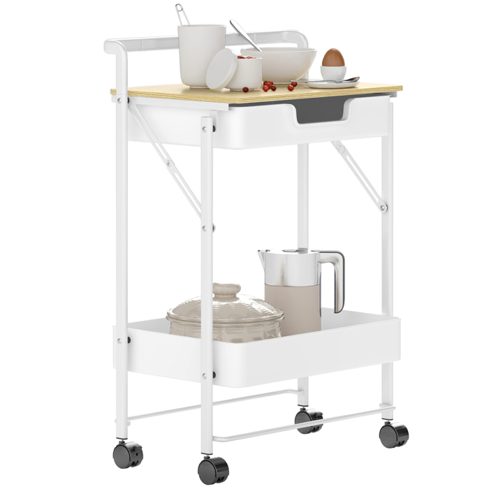 Carrito Auxiliar con Ruedas de 2 Niveles Carro de Cocina Estrecho con 1 Cajón y 1 Cesta Carrito Organizador para Dormitorio Salón Oficina Blanco