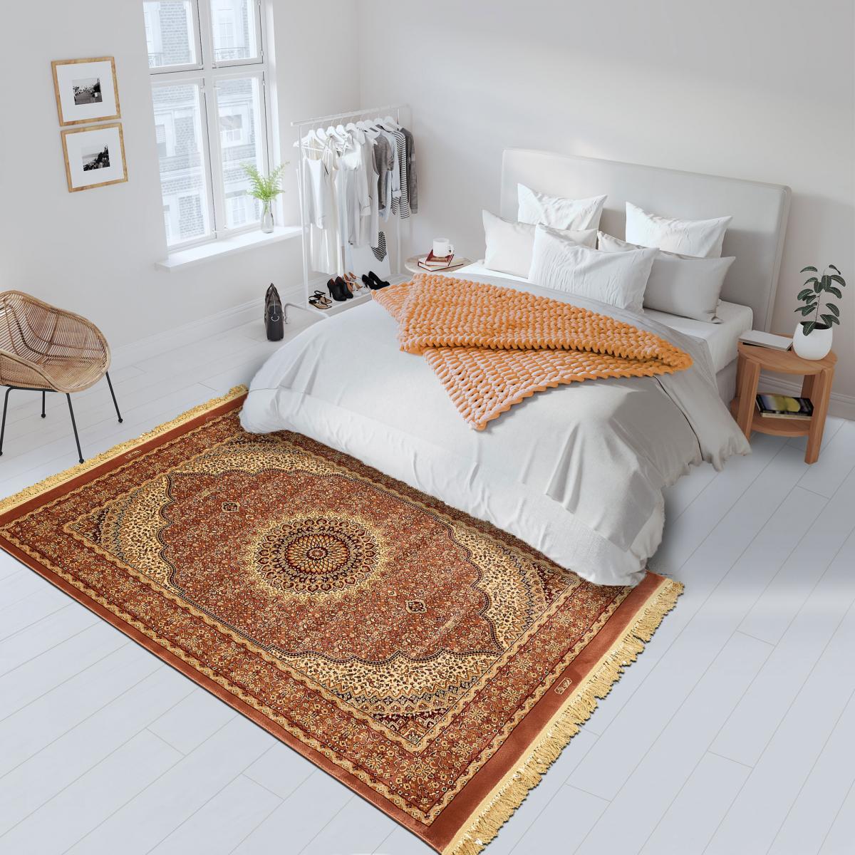 Tapis oriental 197x295 rectangle rose tissé motif ancestral PEMBE