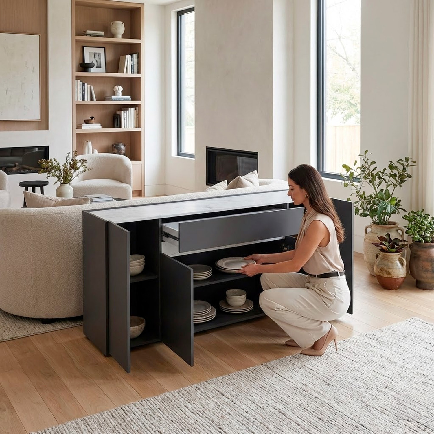 Credenza Moderna Madia Con 4 Ante E 1 Cassetto Mobile Contenitore Sala da Pranzo Soggiorno 170 x 85 x 40 cm Grafite Effetto Marmo