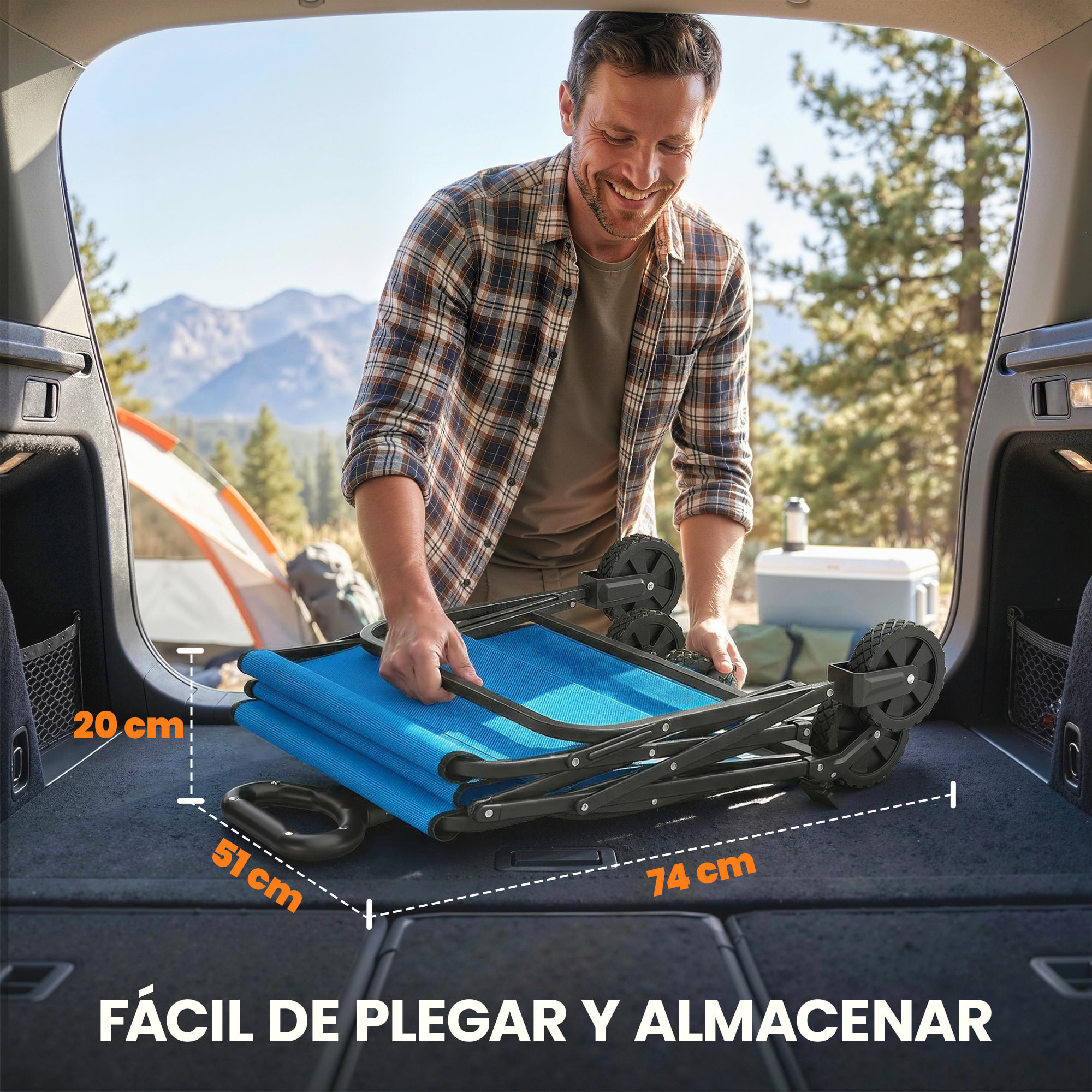 Carro Playa con Ruedas Grandes Bloqueables, Carro de Jardín Plegable con Mango Ajustable, Portavasos y Marco de Metal, Carga 80 kg, Carrito Transporte para Jardín, Campaña, Compras, Azul