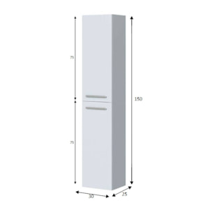 Mobile colonna Notte, Mobile per bagno a 2 ante, Armadio pensile sospeso con 2 ripiani, 30x25h150 cm, Bianco lucido