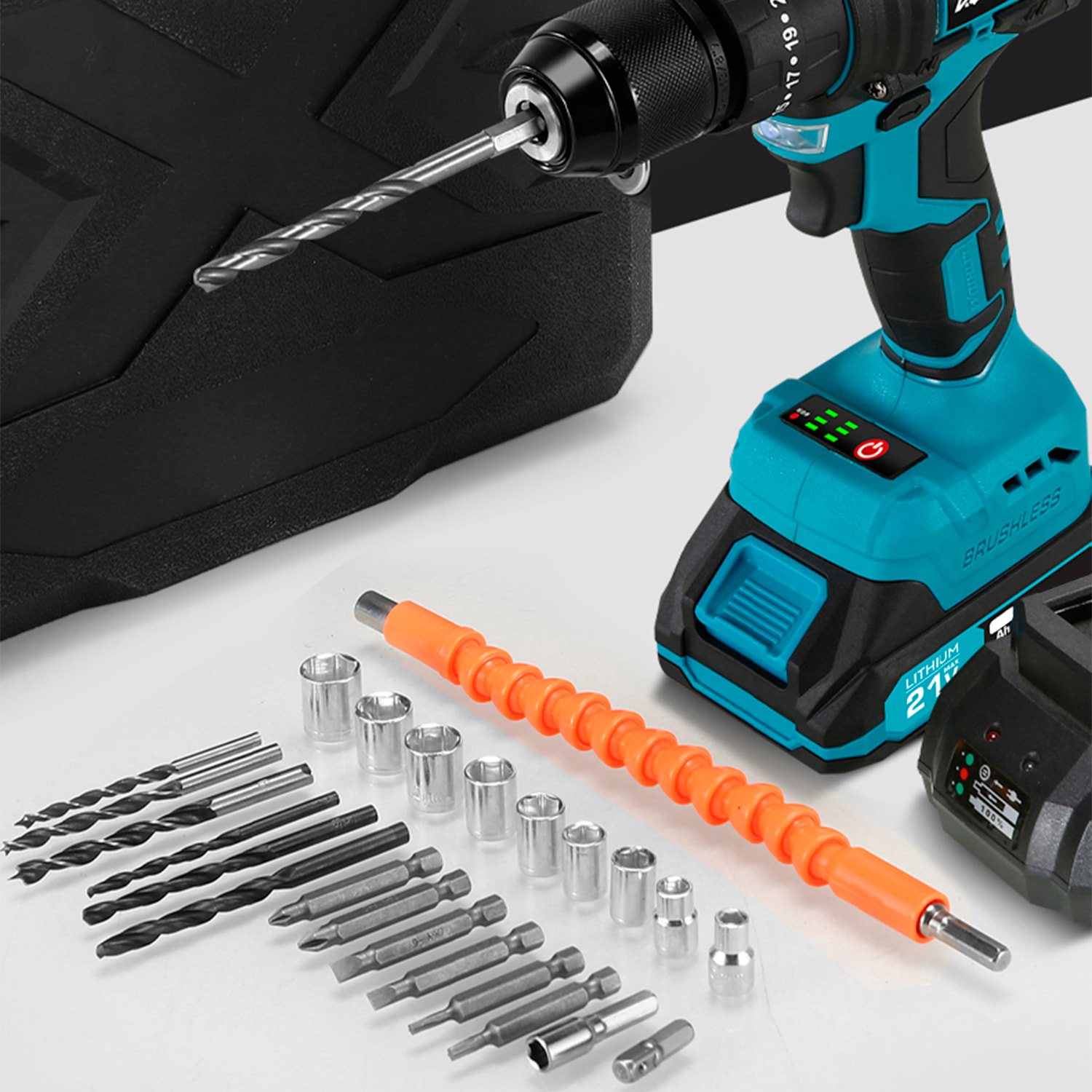Trapano elettrico senza filo da 21V con motore senza spazzole e doppia velocità, valigetta per il trasporto con 24 accessori e doppia batteria da 10000 mAh.