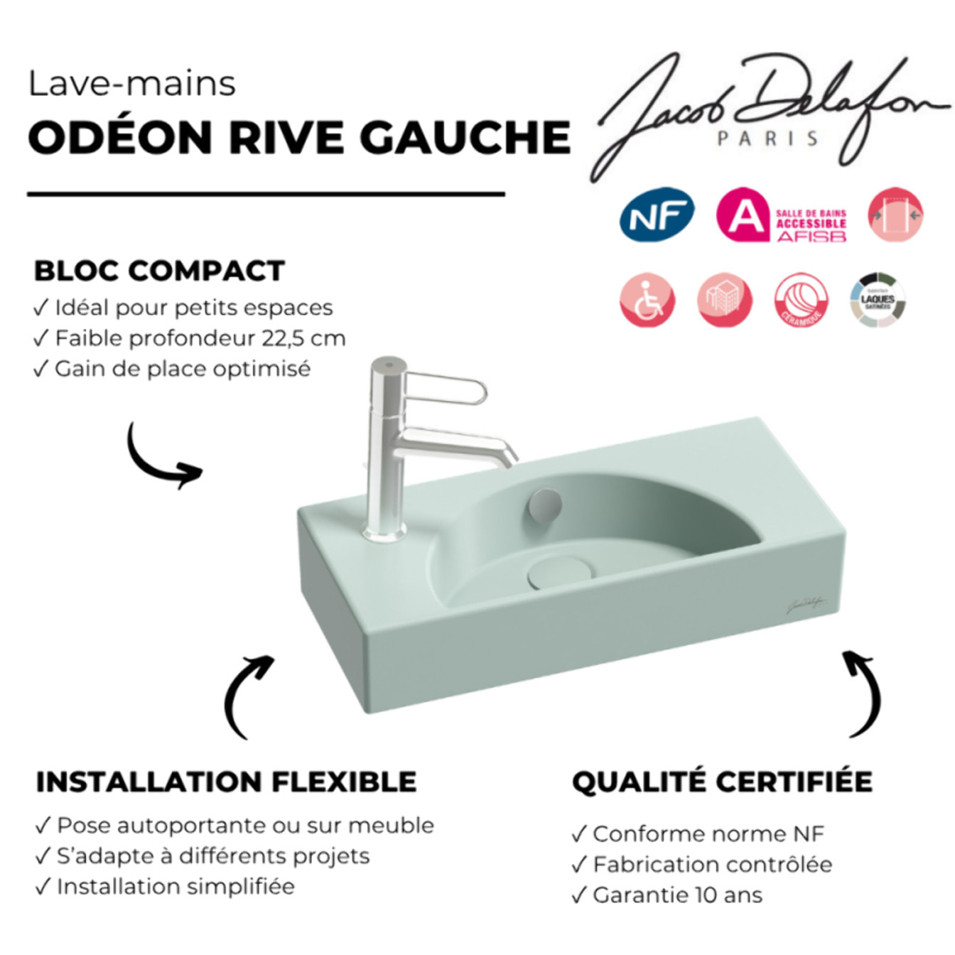 Lave-mains compact 50 cm Odéon Rive Gauche 1 trou de robinetterie à gauche Amande satiné
