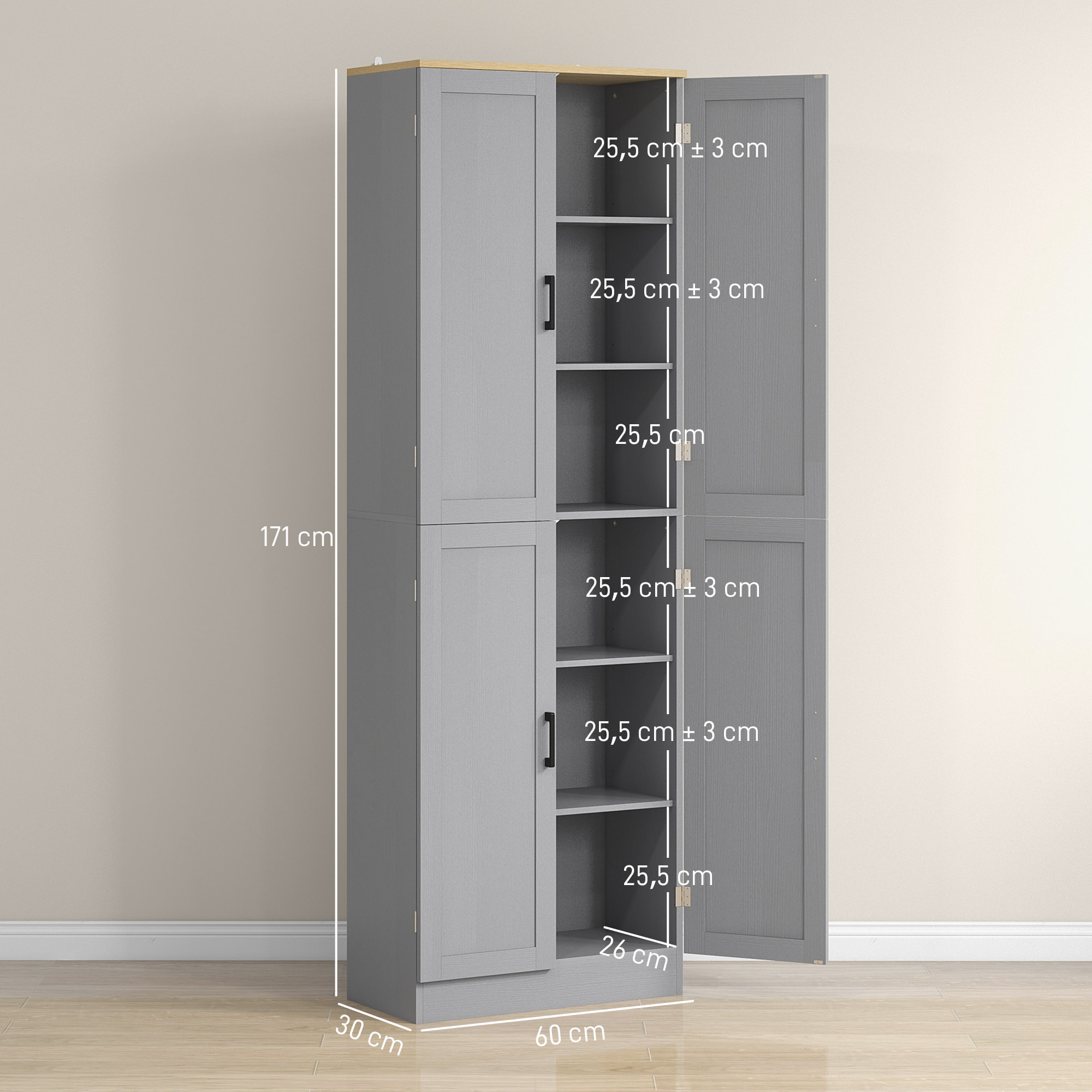 Alacena de Cocina Armario de Cocina Mueble Auxiliar con Puertas y Estantes Ajustables Antivuelco para Comedor Salón 60x30x171 cm Gris