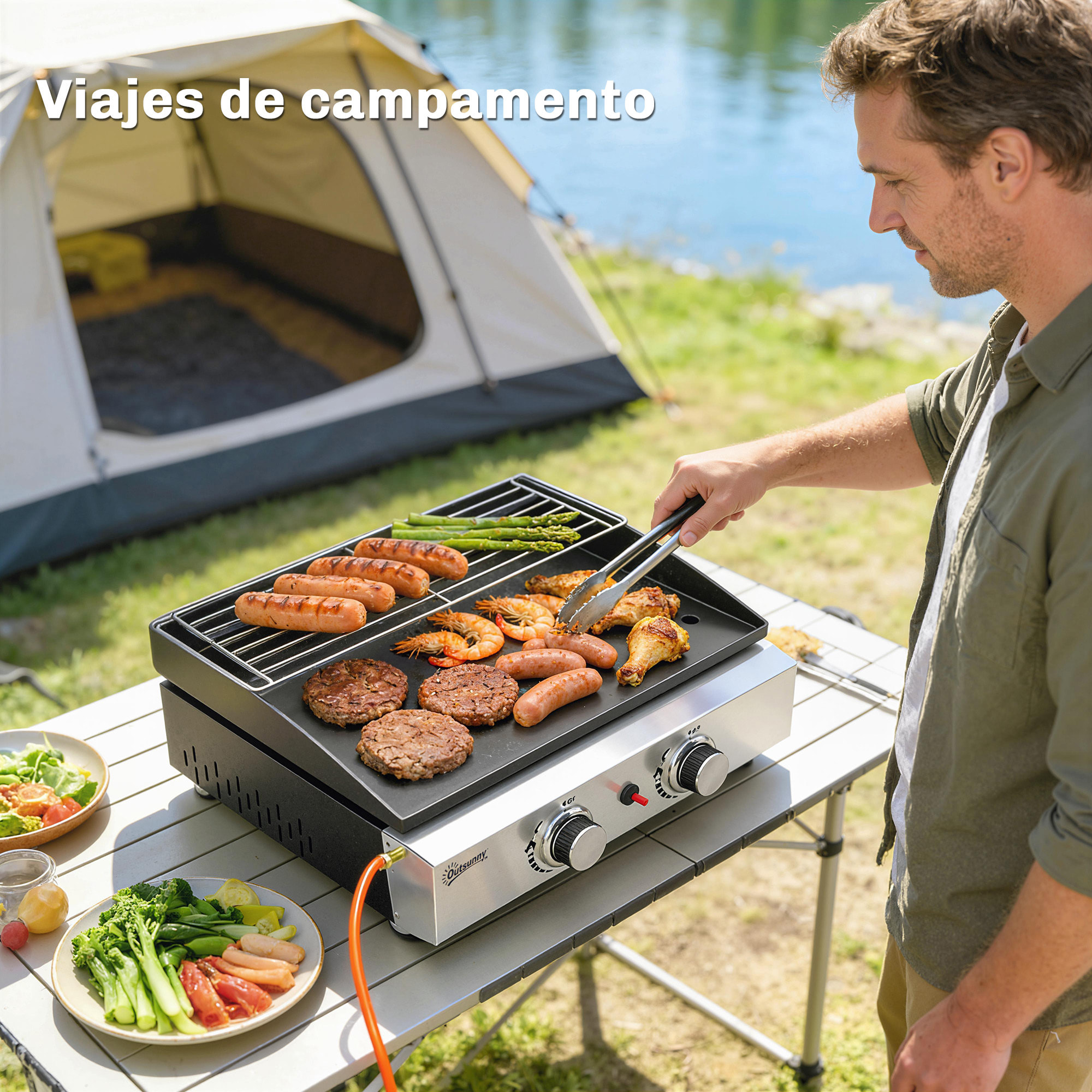 Barbacoa de Gas BBQ Gas con 2 Quemadores 5 kW, Barbacoa Portátil con Plancha, Rejilla Calentadora y Recogedor Grasa, para Camping, Picnic, Terraza, Negro