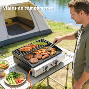 Barbacoa de Gas BBQ Gas con 2 Quemadores 5 kW, Barbacoa Portátil con Plancha, Rejilla Calentadora y Recogedor Grasa, para Camping, Picnic, Terraza, Negro