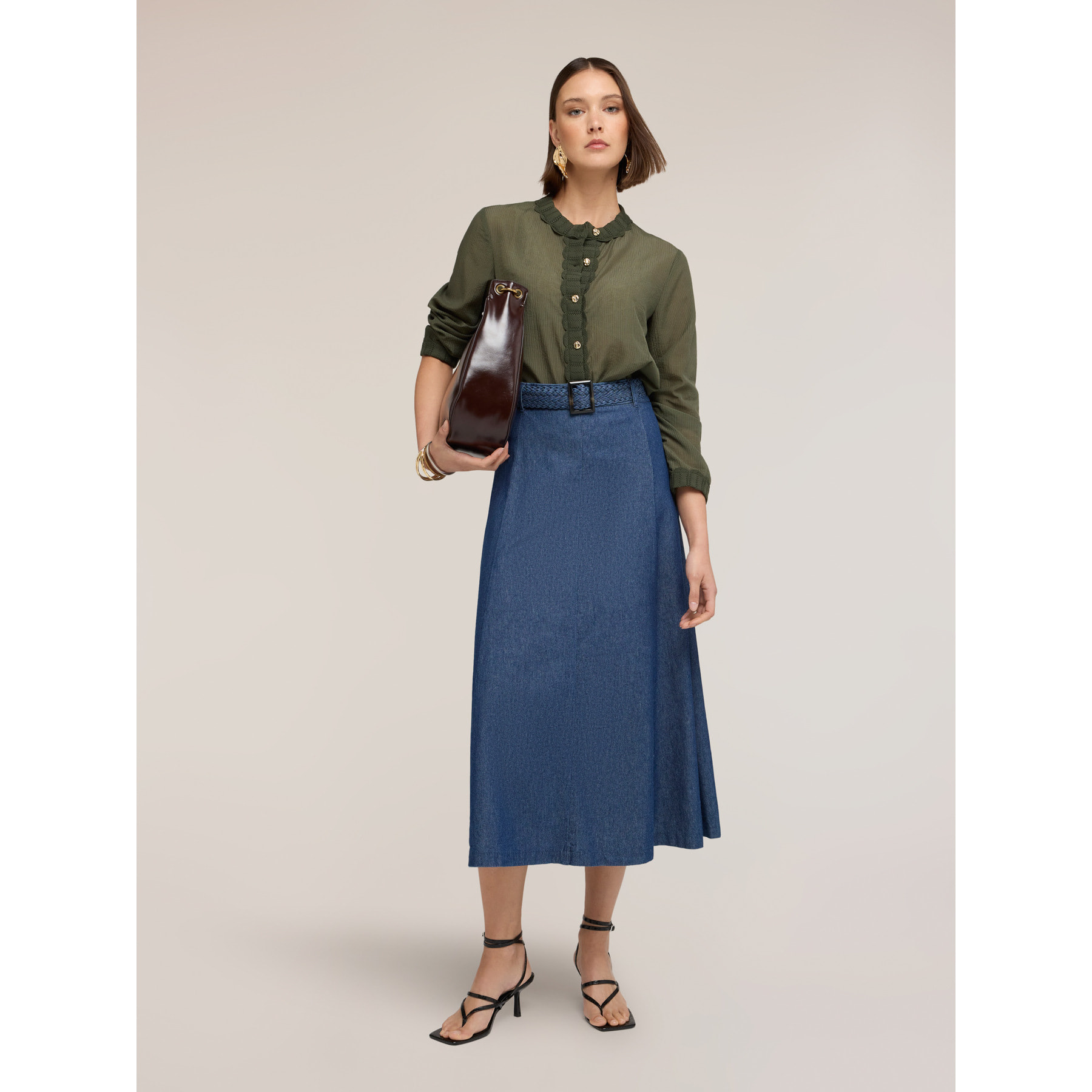 Motivi - Camisa de mezcla de lyocell con bordes de punto - Verde militare