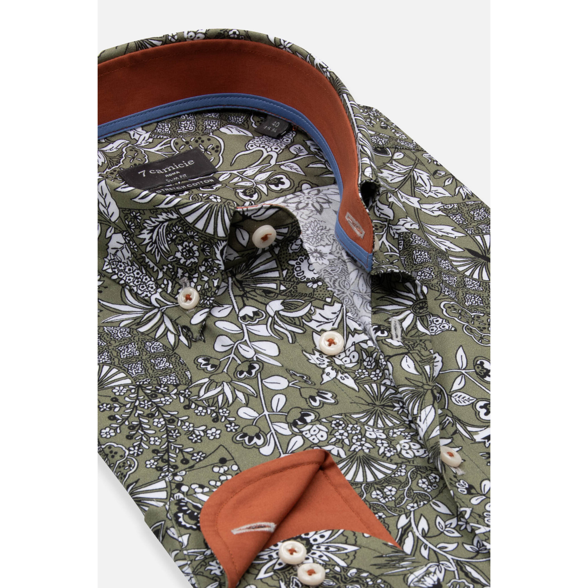 camicia uomo 1 bottone button down slim Popeline Stretch Stampato Verde Bianco