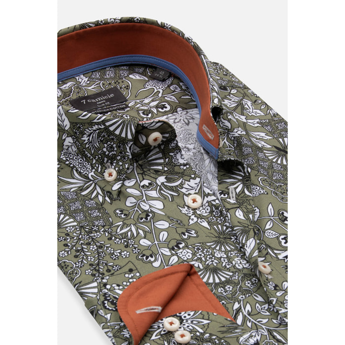 camicia uomo 1 bottone button down slim Popeline Stretch Stampato Verde Bianco