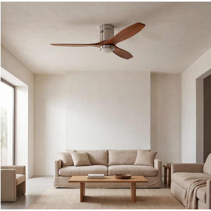 Forlight STEM | Ventilador Diametro 1370mm | Selección de Temperatura de Color | Color niquel satinado | Palas Acabado de Madera Oscura