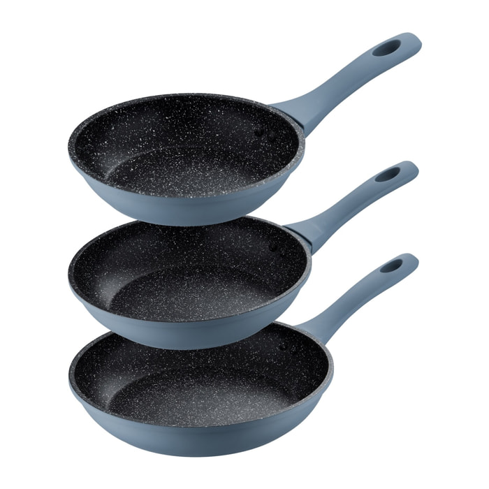 Juego de 3 sartenes ø18ø22ø26cm en aluminio forjado mangos azules niza san ignacio