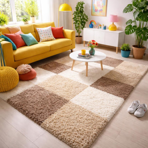 Tapis poils longs shaggy tissé motif damier JOJU