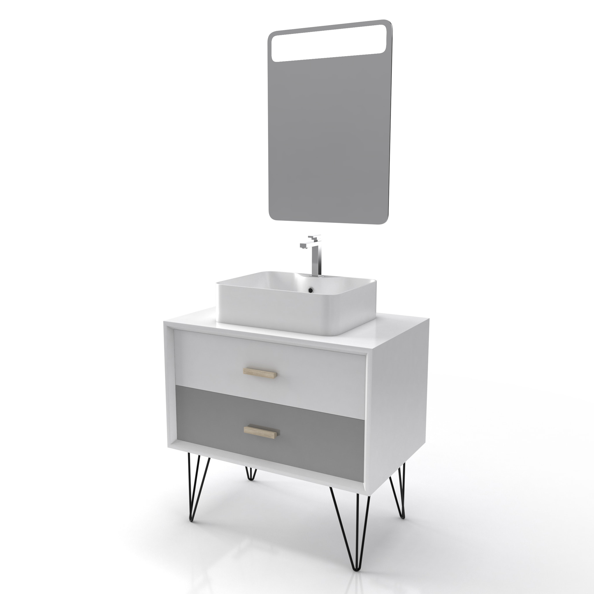 MEUBLE SALLE DE BAIN SCANDINAVE BLANC ET GRIS 80cm AVEC TIROIRS, VASQUE A POSER - MIROIR