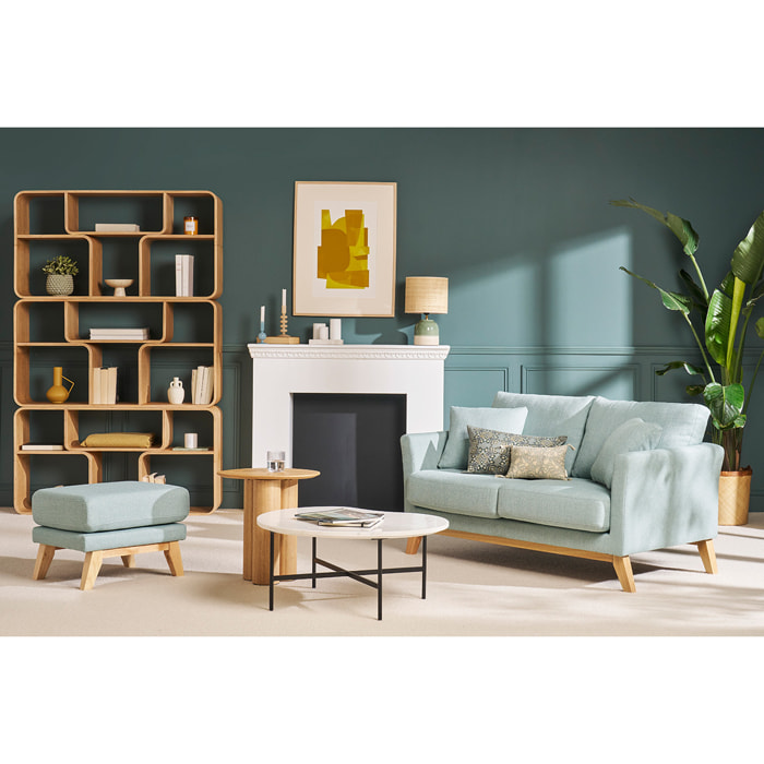 Pouf repose-pieds déhoussable scandinave en tissu vert lagon et bois clair OSLO