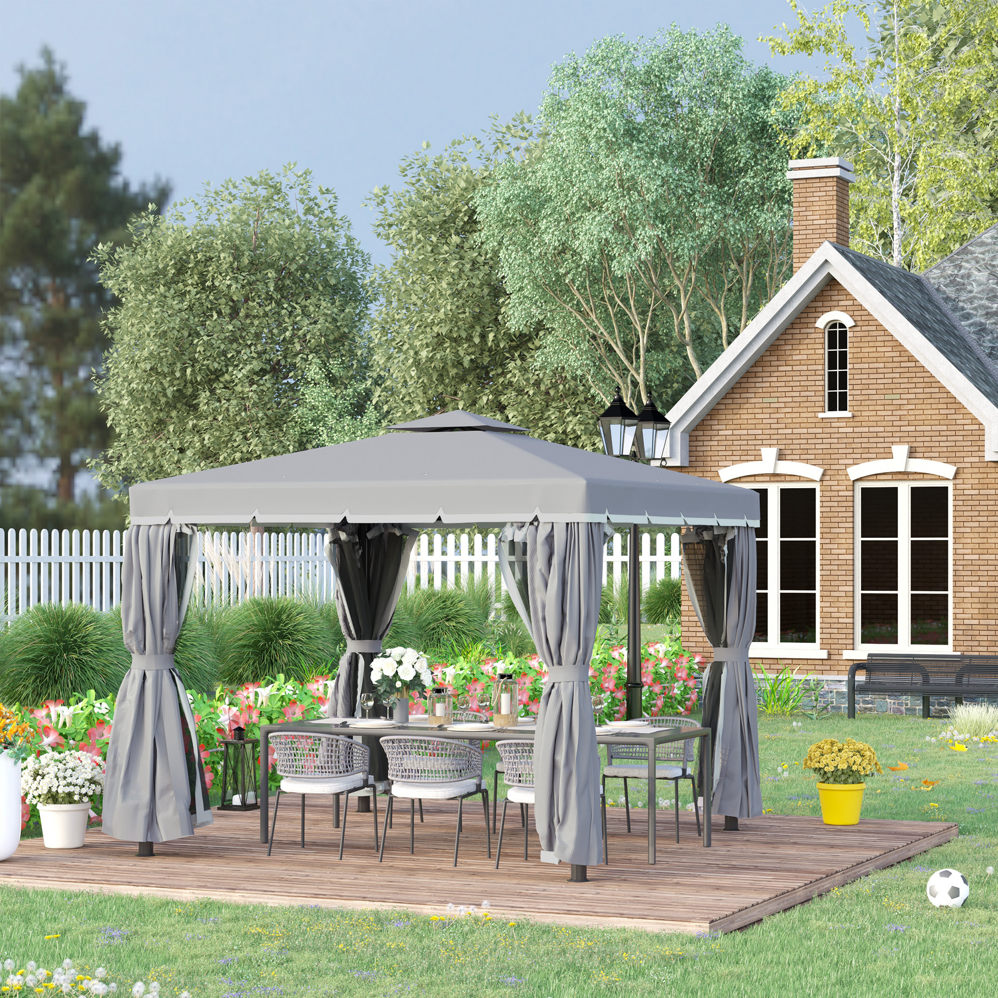 Tonnelle de jardin 3 x 3 m avec toit double cadre en aluminium gris