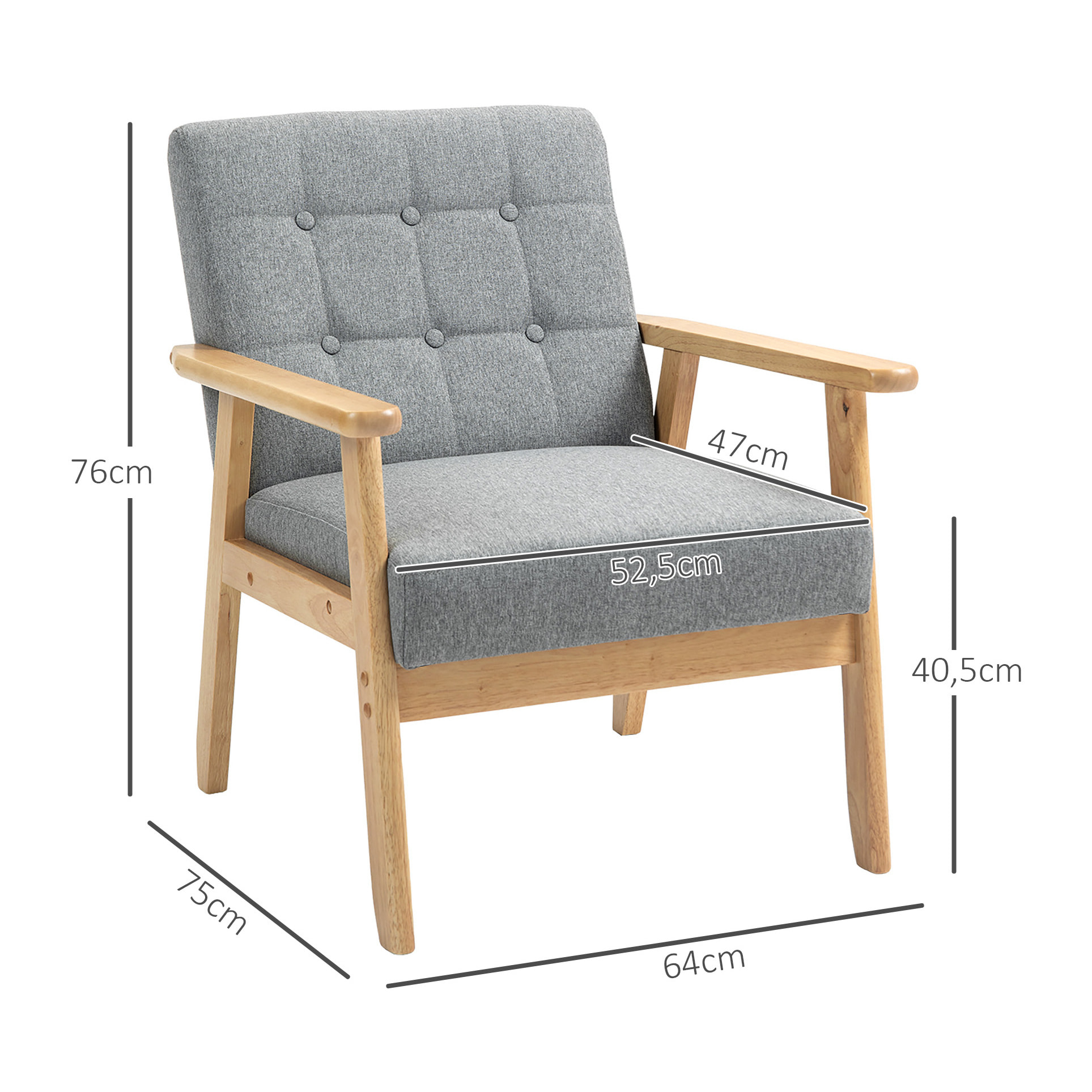 Sillón Individual Sofá Individual Tapizado en Lino con Reposabrazos de Madera Respaldo Acolchado Carga 130 kg Sillón para Salón Dormitorio Gris Claro