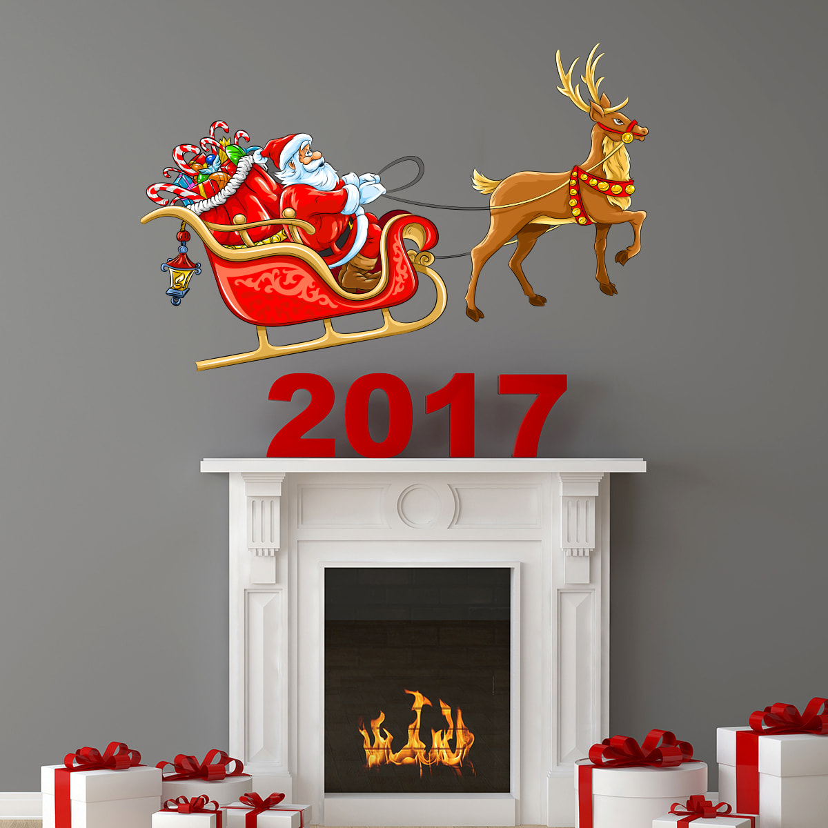 Sticker Noël le Père Noël sur son traineau - Autocollants stickers adhésifs noël - décoration fêtes