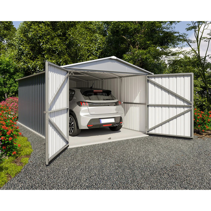 Garage métal gris Yardmaster 14 m² + kit d'ancrage